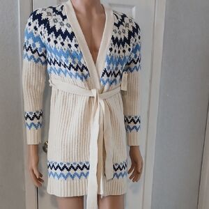 St. John's Bay Cream and Blue Fair Isle Cardigan Sweater